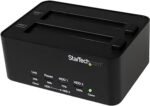 StarTech.com Duplicadora y borrador de disco duro de doble bahía, clonador/copiadora externa independiente HDD/SSD, estación de acoplamiento USB 3.0 a SATA, copiadora de disco duro/desinfectante/herramienta de limpiaparabrisas (SATDOCK2REU3), color negro