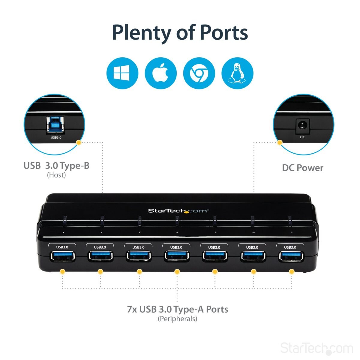 StarTech.com Concentrador Ladrón USB 3.0 de 7 Puertos - 5Gbps - Hub de Sobremesa con Adaptador de Alimentación