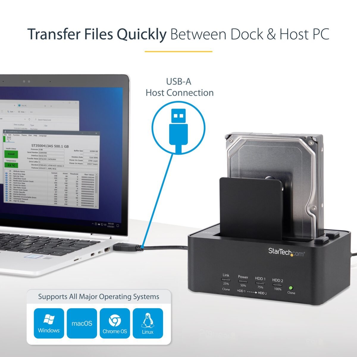 StarTech.com Duplicadora y borrador de disco duro de doble bahía, clonador/copiadora externa independiente HDD/SSD, estación de acoplamiento USB 3.0 a SATA, copiadora de disco duro/desinfectante/herramienta de limpiaparabrisas (SATDOCK2REU3), color negro